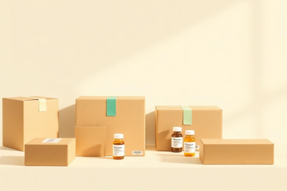 Shipping boxes and prescription vials representing pharmacy fulfillment