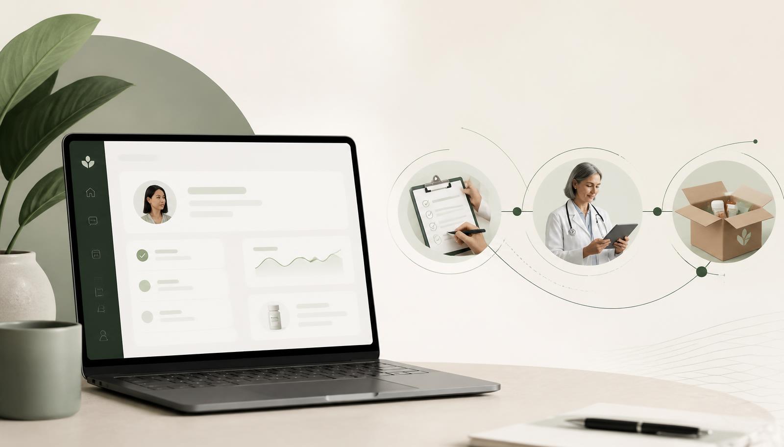 Patient dashboard on a laptop connected to intake, provider review, and pharmacy fulfillment